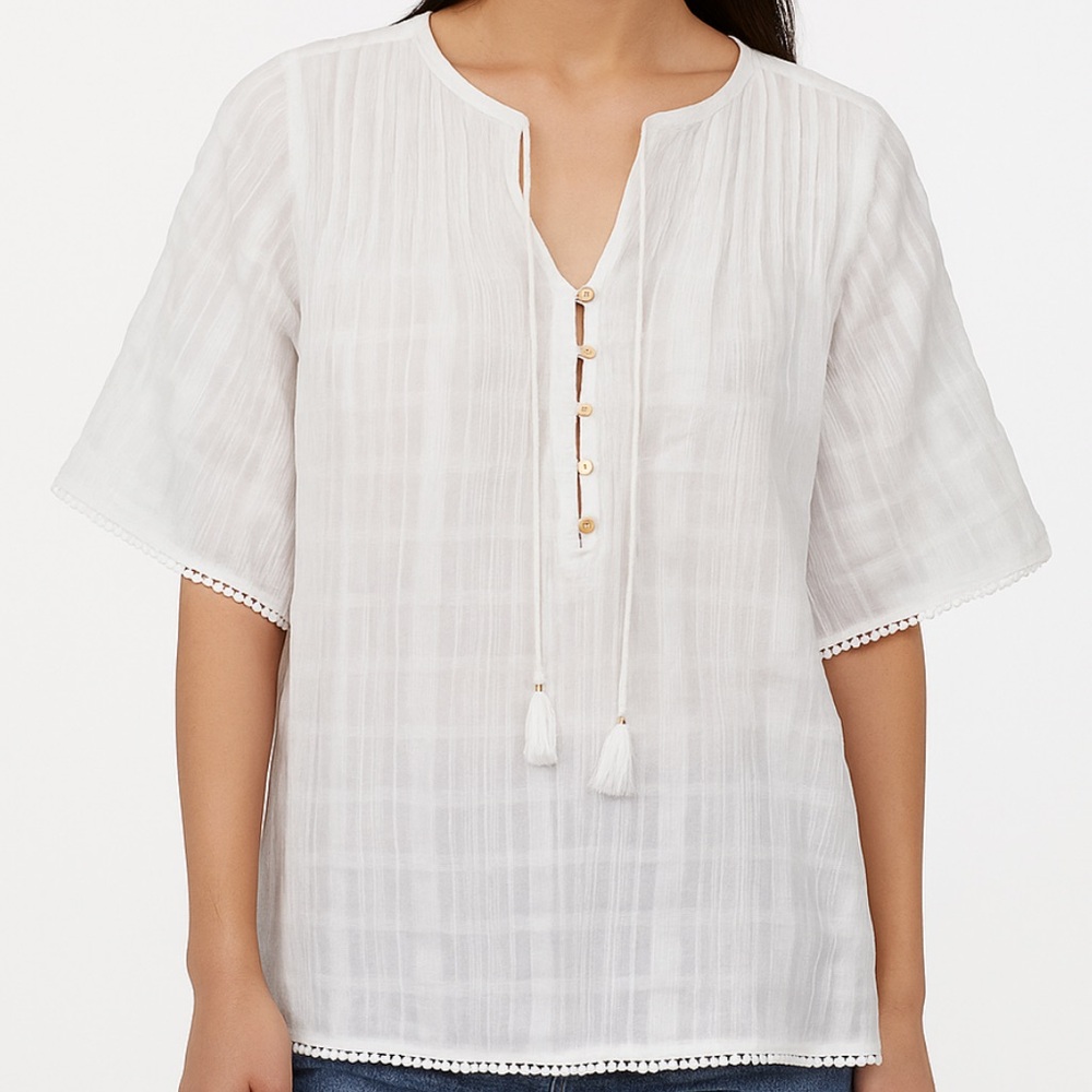 Wrap London Pintuck Gauze Flare Sleeve Boho Blouse Buttons Tassels White 8